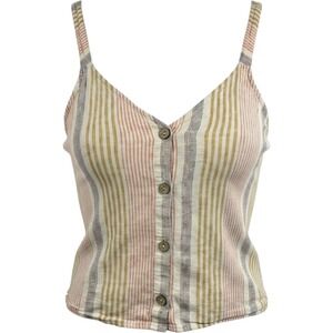 Ruby Moon Linen Blend Striped Button Down Camisole Crop Top Multi-Color Small